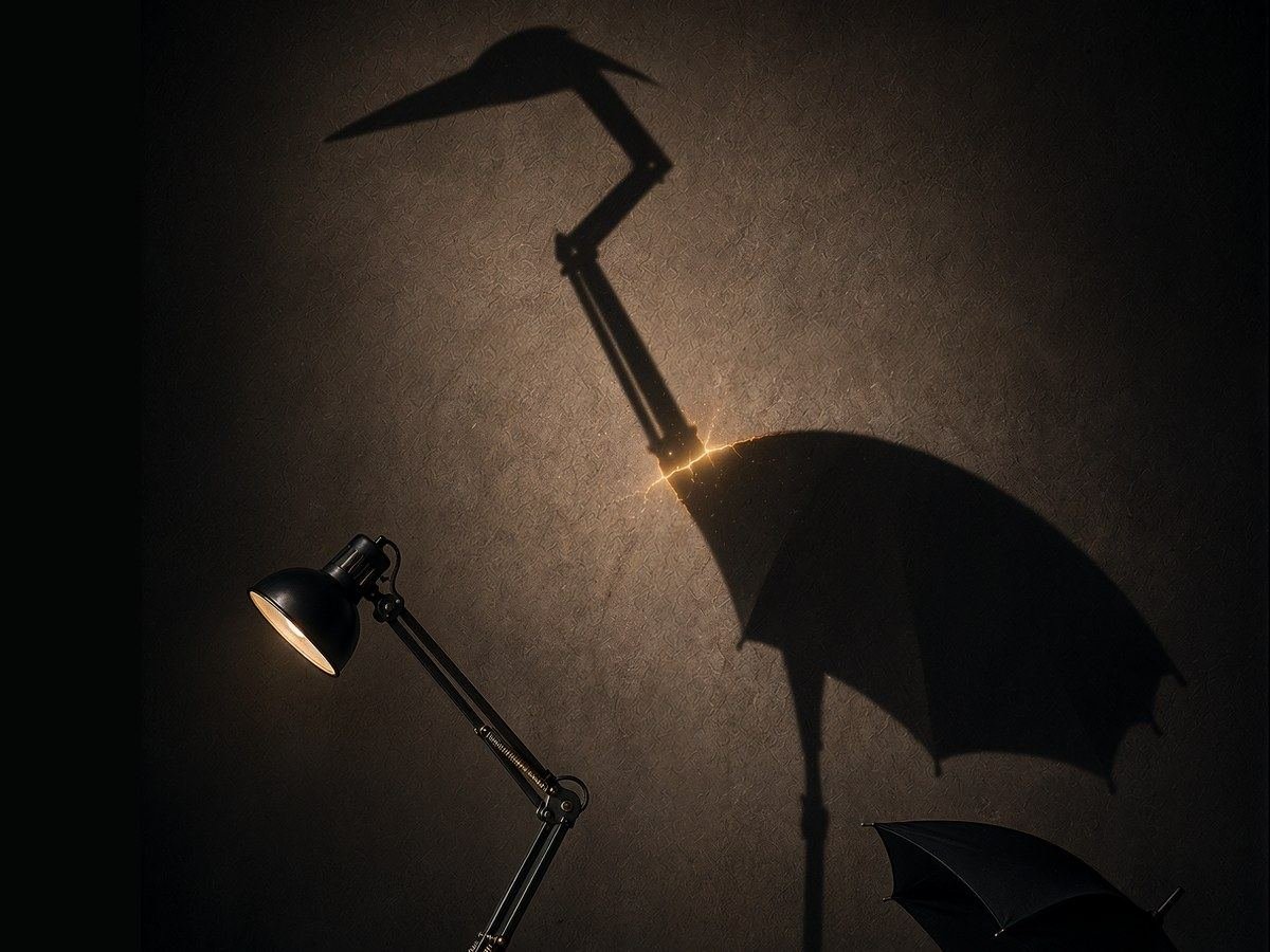 Festival poster system — shadows forming a crane with a gold seam