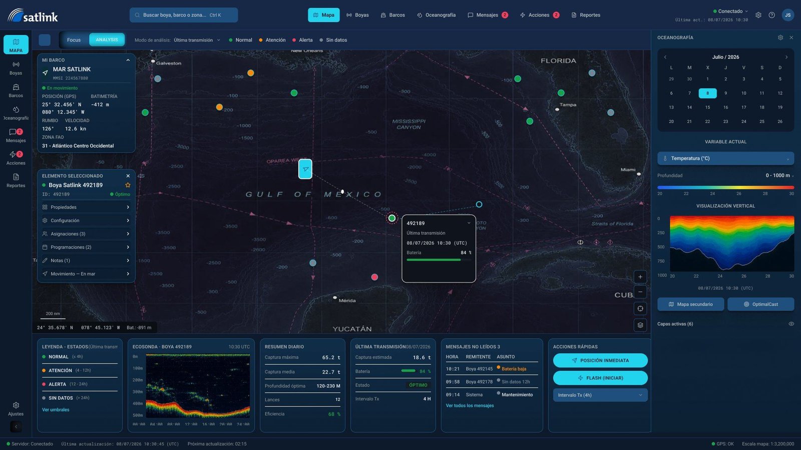 Maritime monitoring interface — live map with fleet, buoys and oceanographic panels