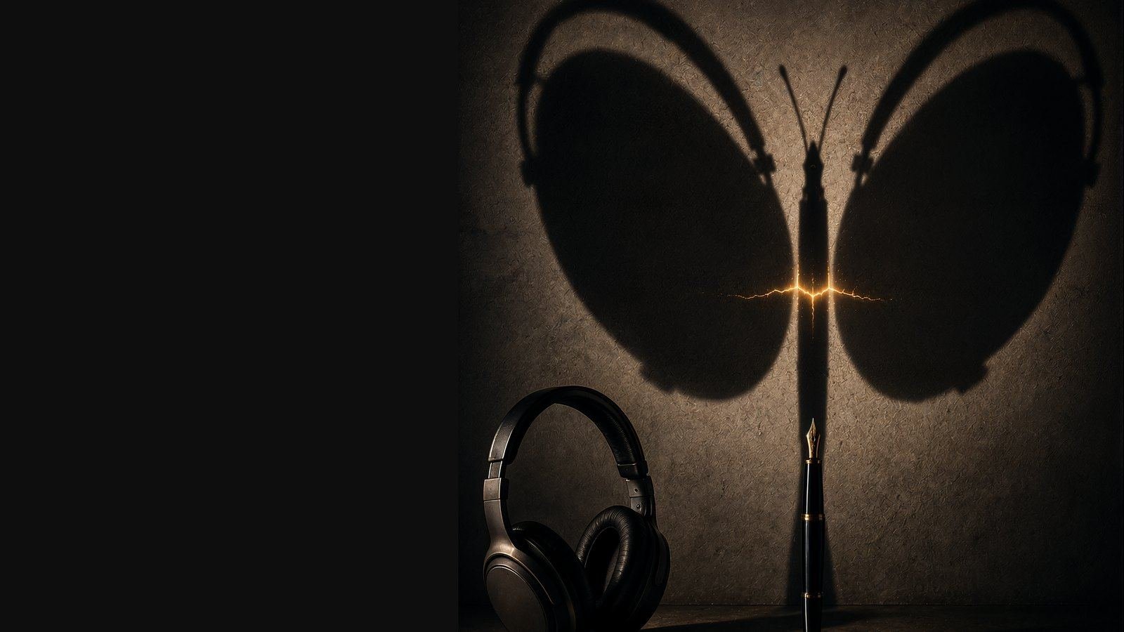 Headphones and a fountain pen casting a butterfly