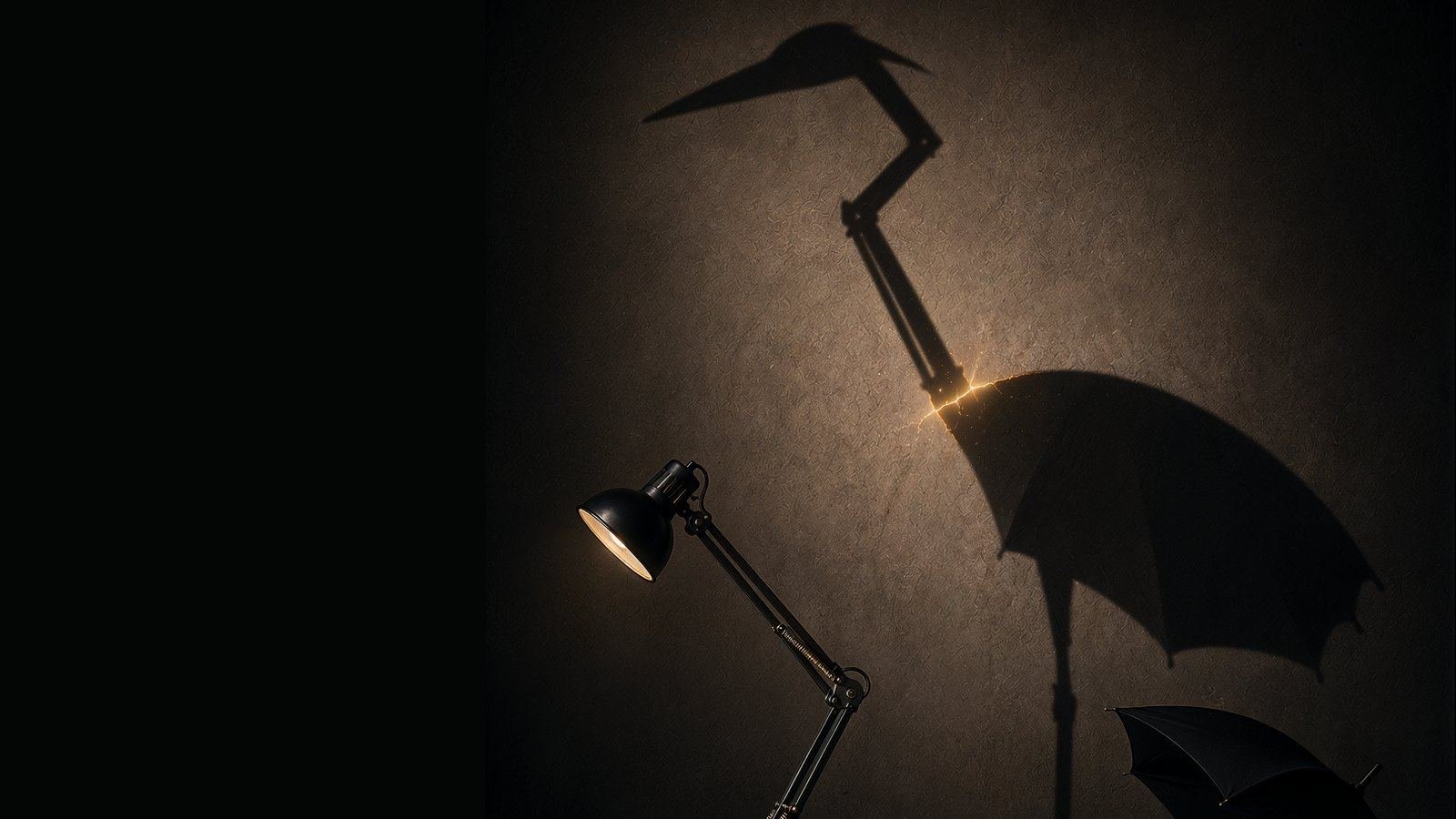 A desk lamp and an umbrella cast overlapping shadows that form a crane, with a gold seam at the join