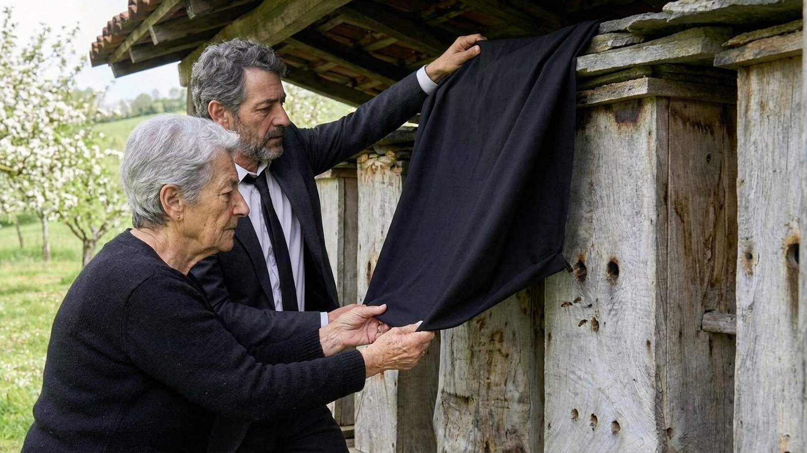 Still from Erleak — a mother and her son cover the hives with a black cloth